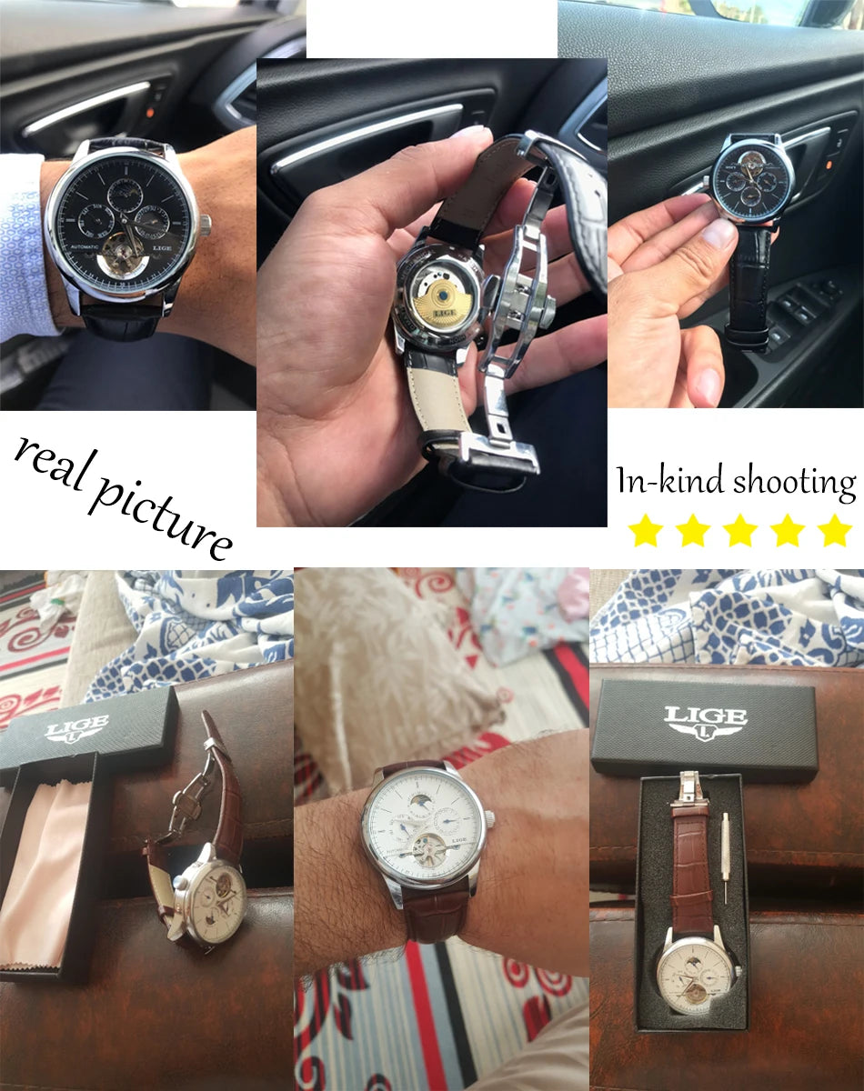 LIGE Brand Men Watches Automatic Mechanical Watch Tourbillon Sport Clock Leather Casual Business Retro Wristwatch Relojes Hombre