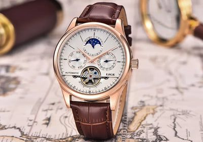 LIGE Brand Men Watches Automatic Mechanical Watch Tourbillon Sport Clock Leather Casual Business Retro Wristwatch Relojes Hombre
