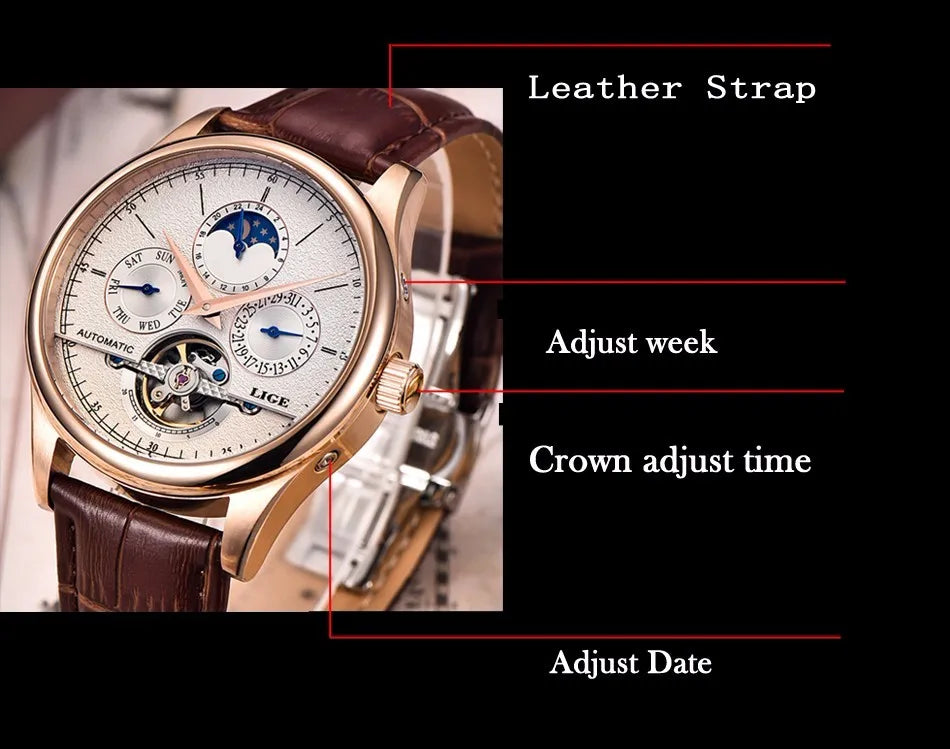 LIGE Brand Men Watches Automatic Mechanical Watch Tourbillon Sport Clock Leather Casual Business Retro Wristwatch Relojes Hombre
