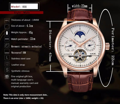 LIGE Brand Men Watches Automatic Mechanical Watch Tourbillon Sport Clock Leather Casual Business Retro Wristwatch Relojes Hombre