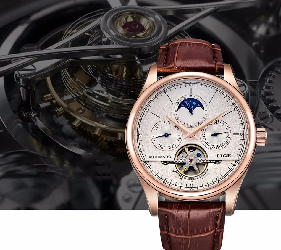 LIGE Brand Men Watches Automatic Mechanical Watch Tourbillon Sport Clock Leather Casual Business Retro Wristwatch Relojes Hombre