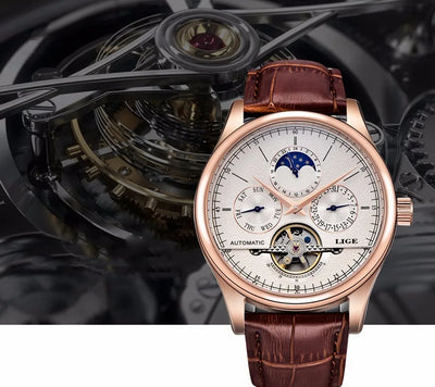 LIGE Brand Men Watches Automatic Mechanical Watch Tourbillon Sport Clock Leather Casual Business Retro Wristwatch Relojes Hombre