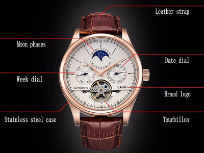 LIGE Brand Men Watches Automatic Mechanical Watch Tourbillon Sport Clock Leather Casual Business Retro Wristwatch Relojes Hombre