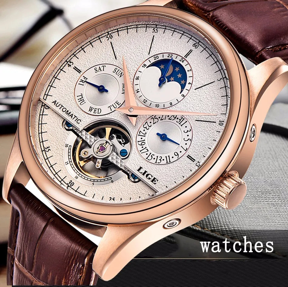 LIGE Brand Men Watches Automatic Mechanical Watch Tourbillon Sport Clock Leather Casual Business Retro Wristwatch Relojes Hombre