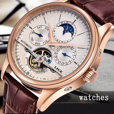 LIGE Brand Men Watches Automatic Mechanical Watch Tourbillon Sport Clock Leather Casual Business Retro Wristwatch Relojes Hombre