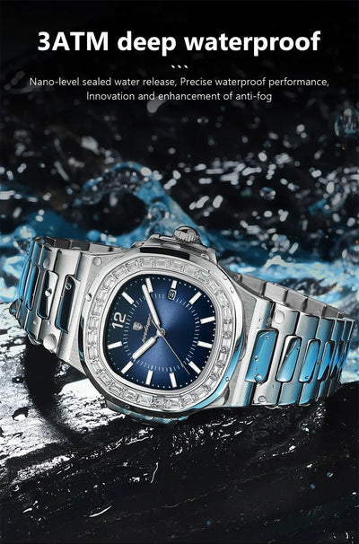 POEDAGAR Luxury Square Men's Stainless Steel Quartz Watch
