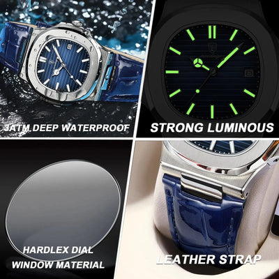POEDAGAR Casual Square Men's Watch Waterproof Date Luminous Leather Man Quartz Watch High Quality Luxury Fashion Watches For Men