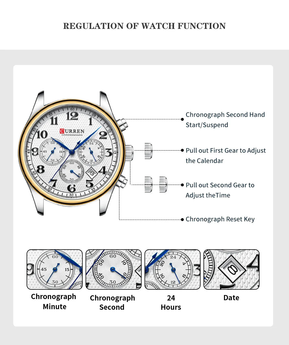 CURREN Men's Watches Luxury Brand Quartz Wristwatch - Chronograph Round Dial with Auto Date, Waterproof
