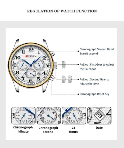 CURREN Men's Watches Luxury Brand Quartz Wristwatch - Chronograph Round Dial with Auto Date, Waterproof