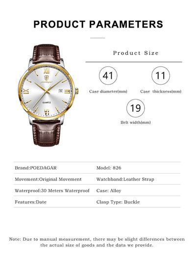 POEDAGAR Casual Wrist Watches For Men Luxury Business Genuine Leather Strap Luminous Quartz Man Watch Brand Top Waterproof 2023