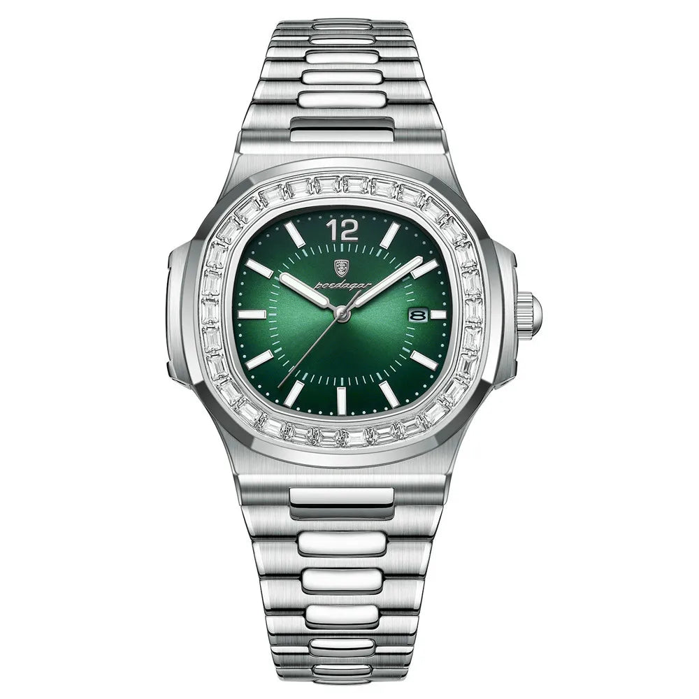POEDAGAR Luxury Square Men's Stainless Steel Quartz Watch