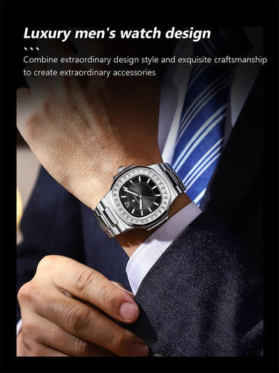 POEDAGAR Luxury Square Men's Stainless Steel Quartz Watch