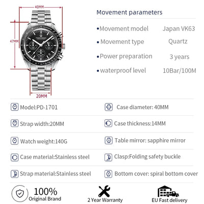 PAGANI DESIGN 1701 New Men's Watches Top Luxury Quartz Watch For Men Auto Date Speed Chronograph AR Sapphire Mirror Wristwatch