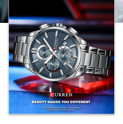 CURREN Men's Watches Top Brand Luxury Watch for Men Original Waterproof Stainless Steel Chronograph Moon Phase Date Rota Dial