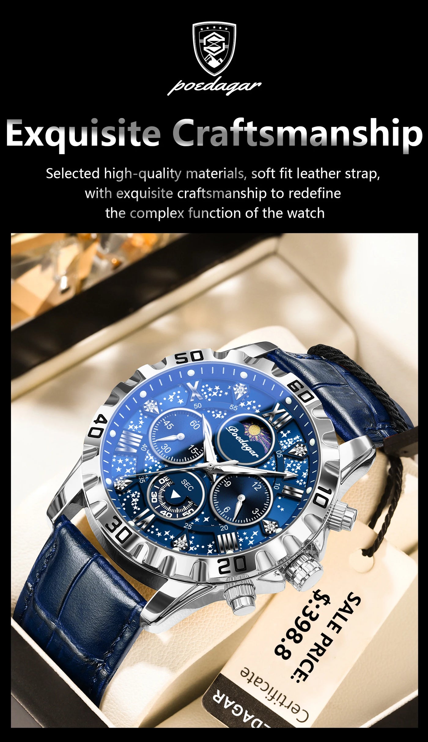 POEDAGAR Luxury Sport Stainless Steel Military Quartz Waterproof Chronograph