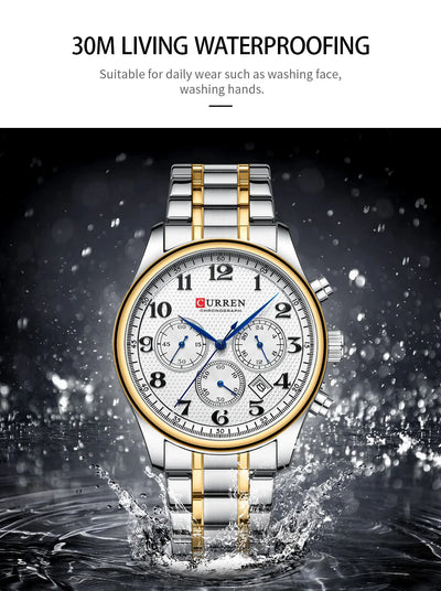 CURREN Men's Watches Luxury Brand Quartz Wristwatch - Chronograph Round Dial with Auto Date, Waterproof