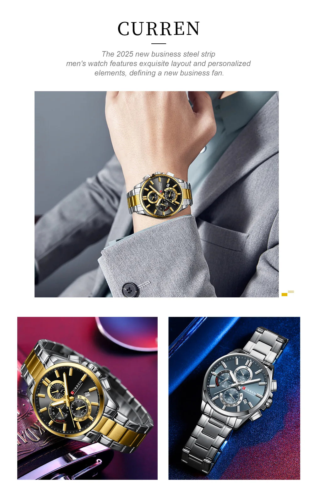 CURREN Men's Watches Top Brand Luxury Watch for Men Original Waterproof Stainless Steel Chronograph Moon Phase Date Rota Dial