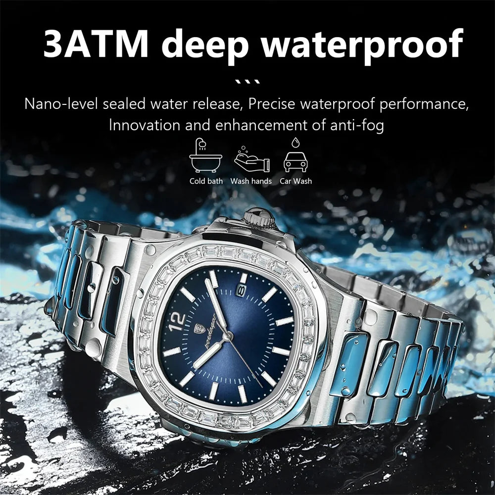 POEDAGAR Luxury Square Men's Stainless Steel Quartz Watch