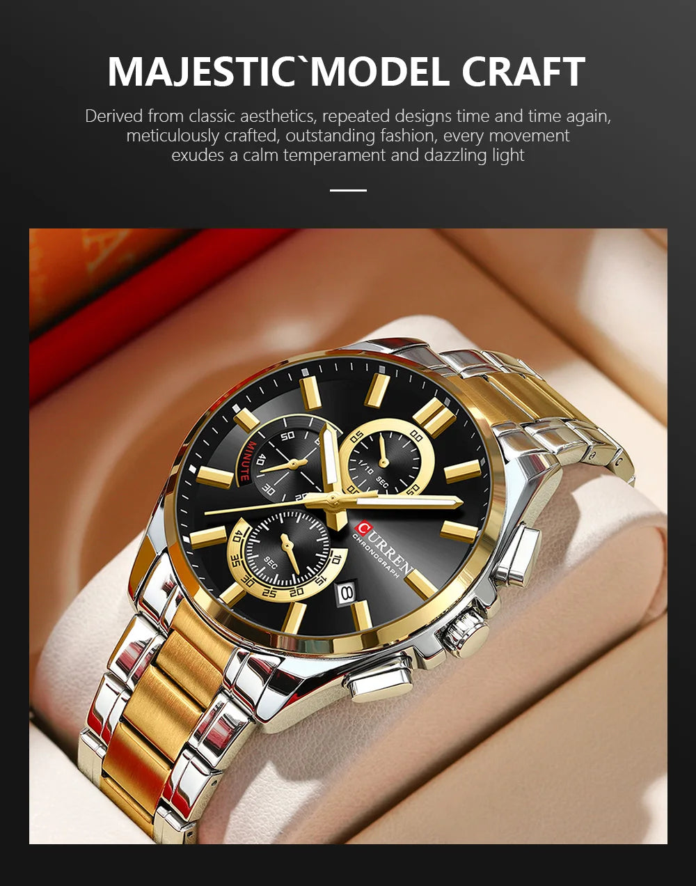 CURREN Men's Watches Top Brand Luxury Watch for Men Original Waterproof Stainless Steel Chronograph Moon Phase Date Rota Dial