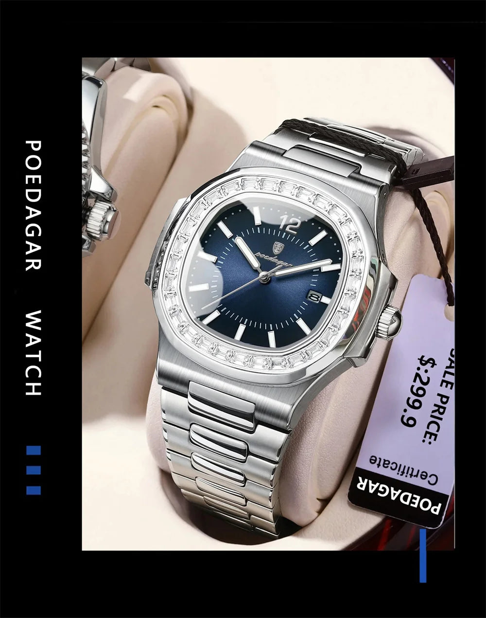 POEDAGAR Luxury Square Men's Stainless Steel Quartz Watch