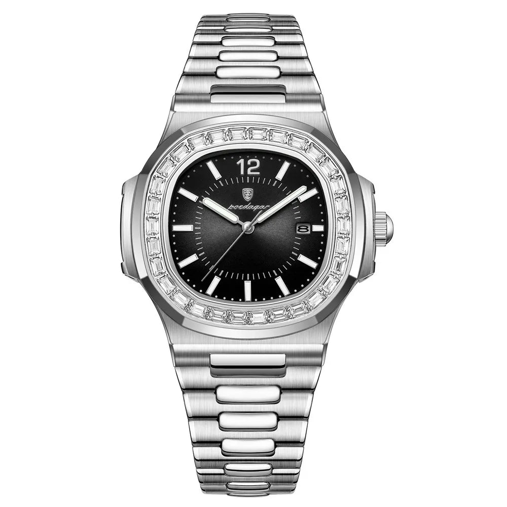 POEDAGAR Luxury Square Men's Stainless Steel Quartz Watch