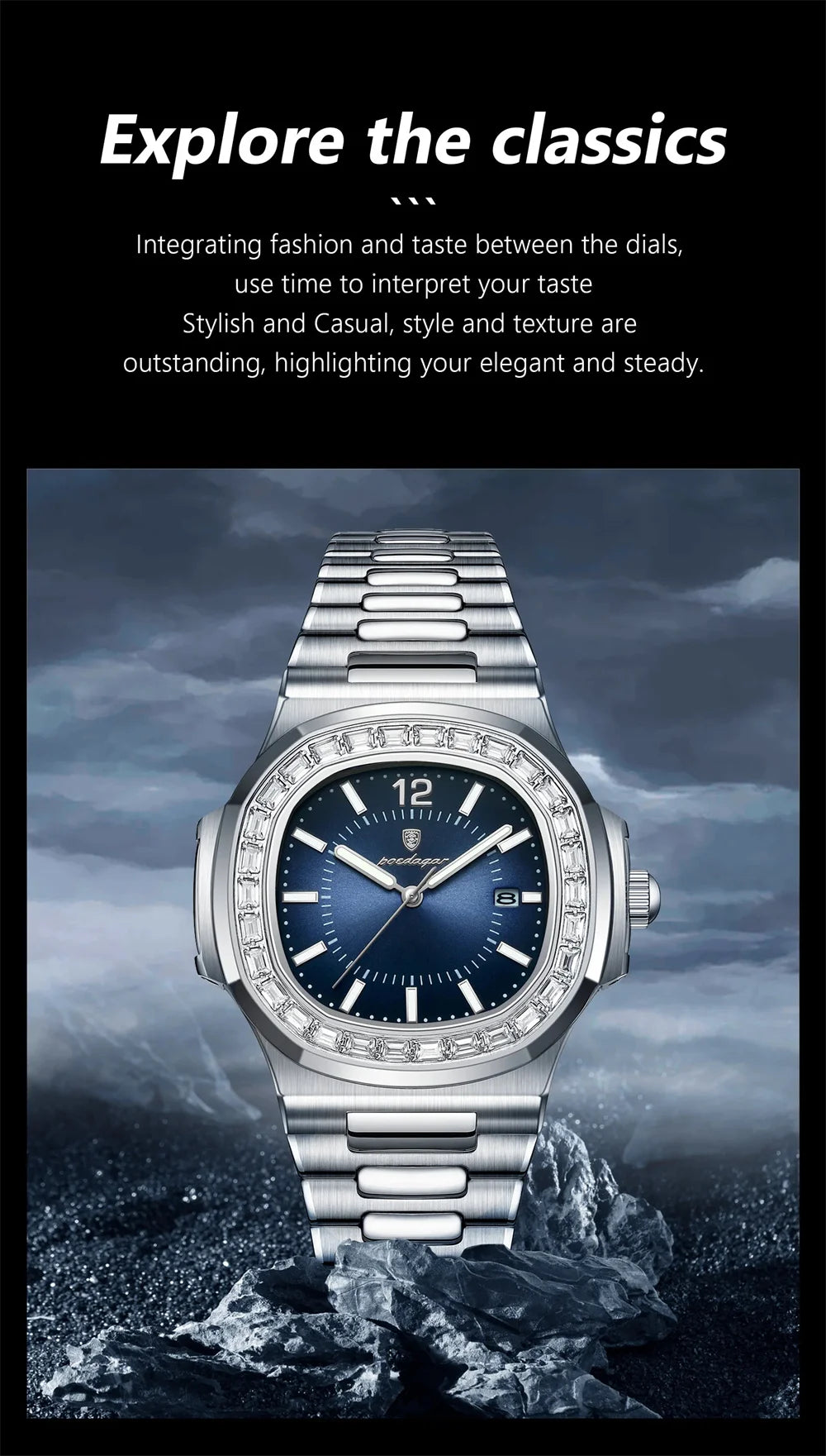 POEDAGAR Luxury Square Men's Stainless Steel Quartz Watch