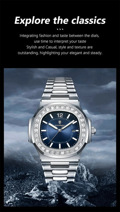 POEDAGAR Luxury Square Men's Stainless Steel Quartz Watch