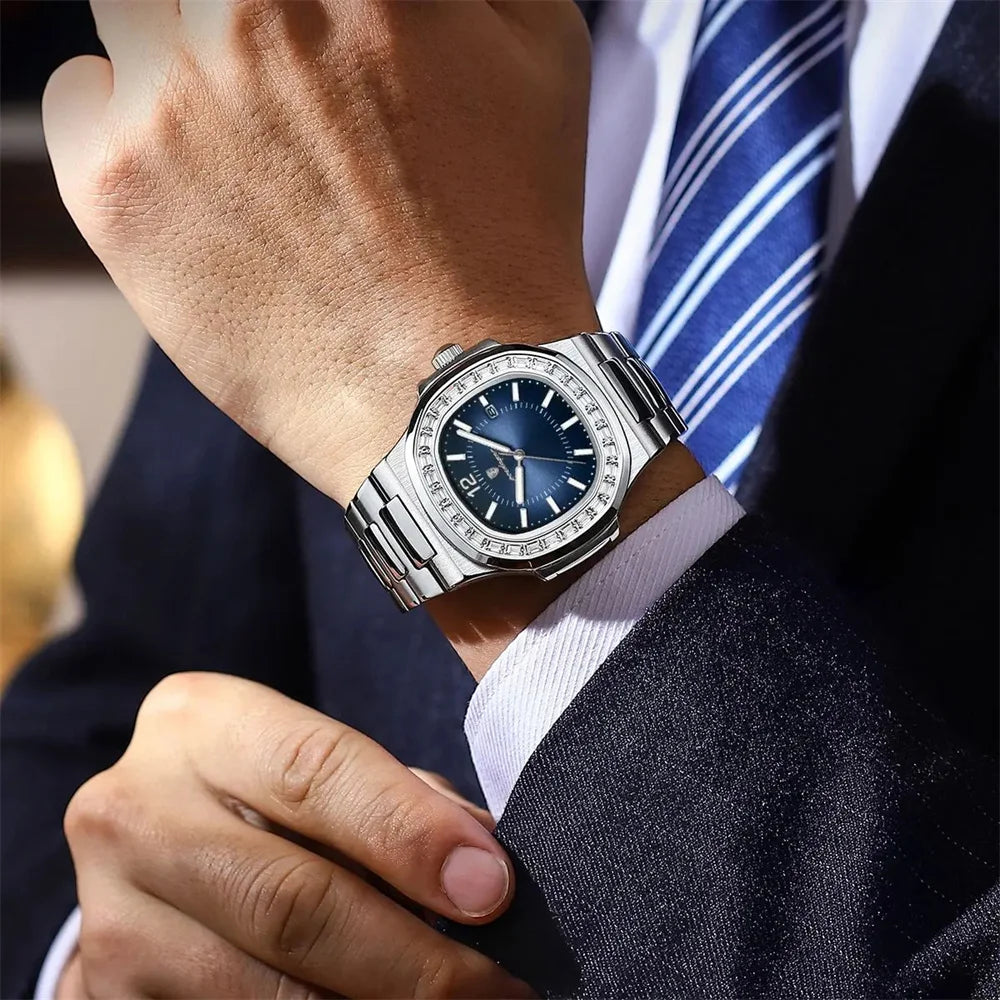 POEDAGAR Luxury Square Men's Stainless Steel Quartz Watch