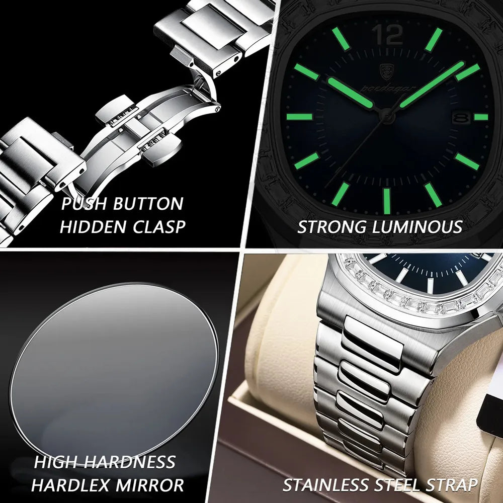 POEDAGAR Luxury Square Men's Stainless Steel Quartz Watch