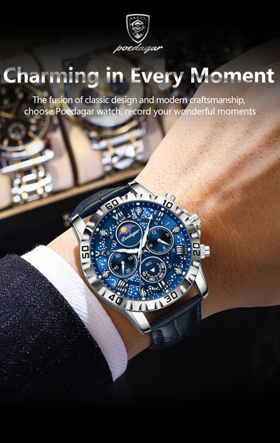 POEDAGAR Luxury Stainless Steel Military Sport Luminous Quartz Chronograph