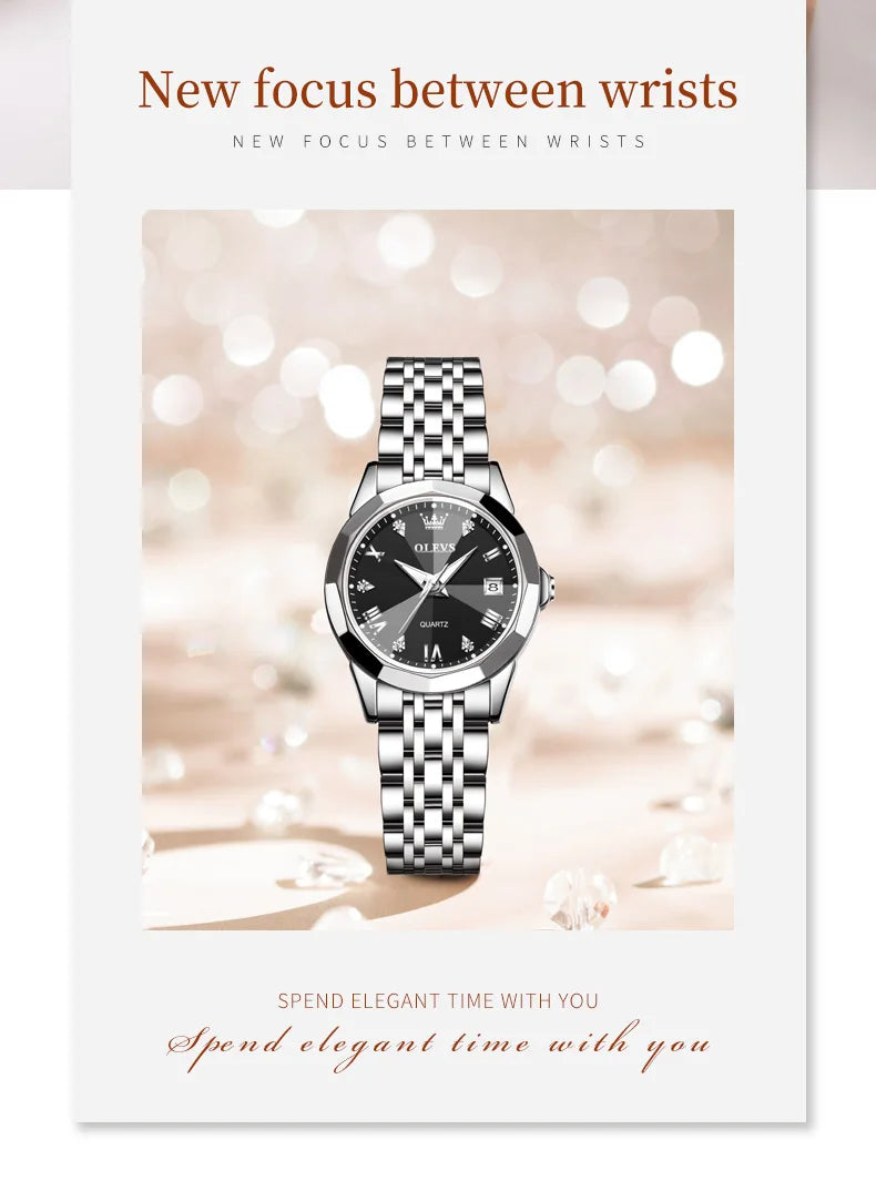 OLEVS Top Brand Elegant Women's Watches Rhombus Mirror Original Quartz Lady Wristwatch Diamond Stainless Fashion Waterproof