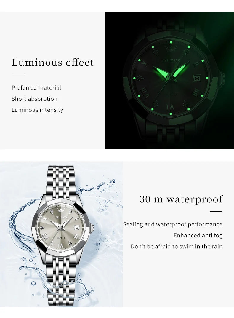 OLEVS Top Brand Elegant Women's Watches Rhombus Mirror Original Quartz Lady Wristwatch Diamond Stainless Fashion Waterproof