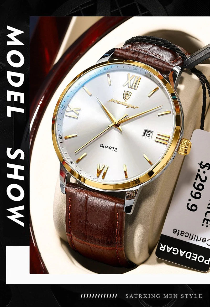 POEDAGAR Casual Wrist Watches For Men Luxury Business Genuine Leather Strap Luminous Quartz Man Watch Brand Top Waterproof 2023
