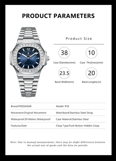 POEDAGAR Luxury Square Men's Stainless Steel Quartz Watch
