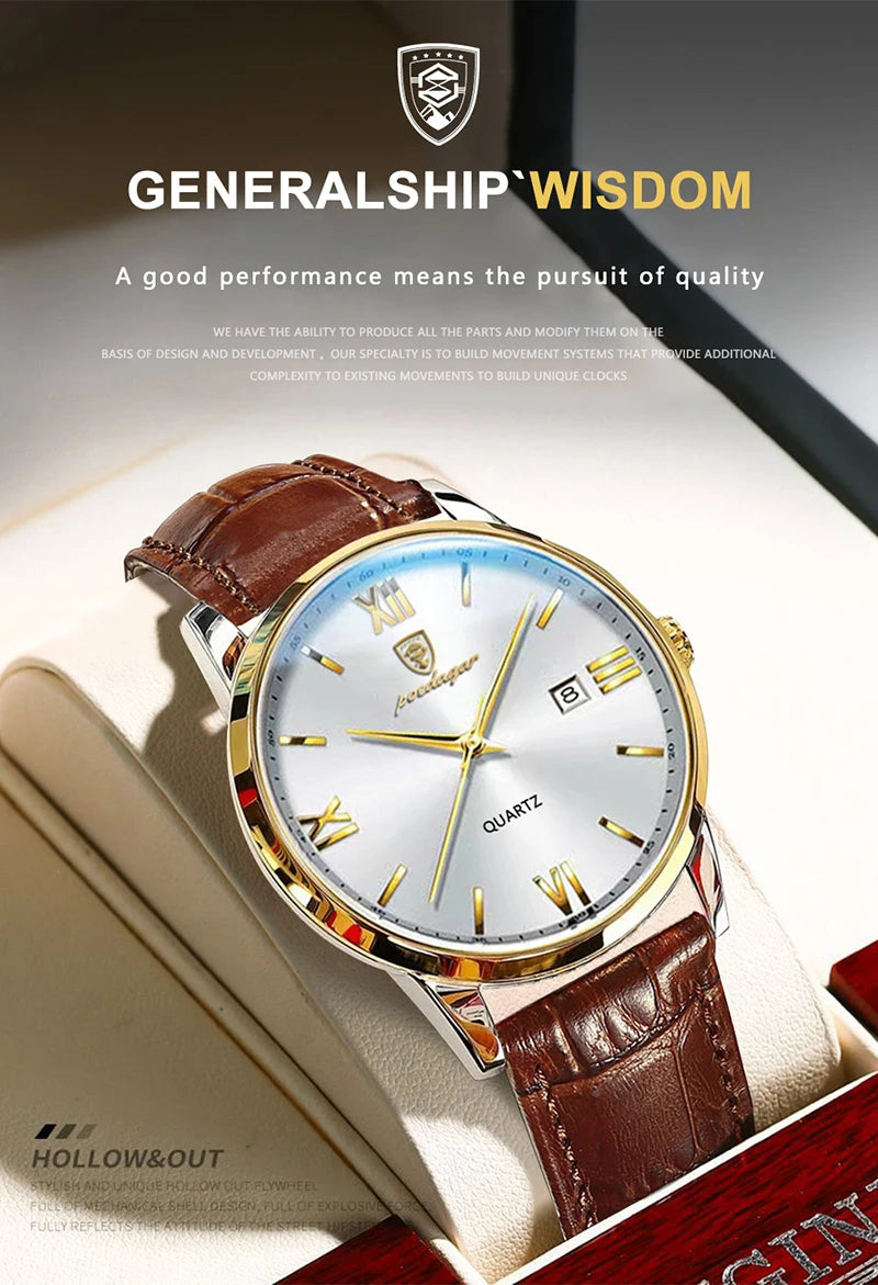 POEDAGAR Casual Wrist Watches For Men Luxury Business Genuine Leather Strap Luminous Quartz Man Watch Brand Top Waterproof 2023