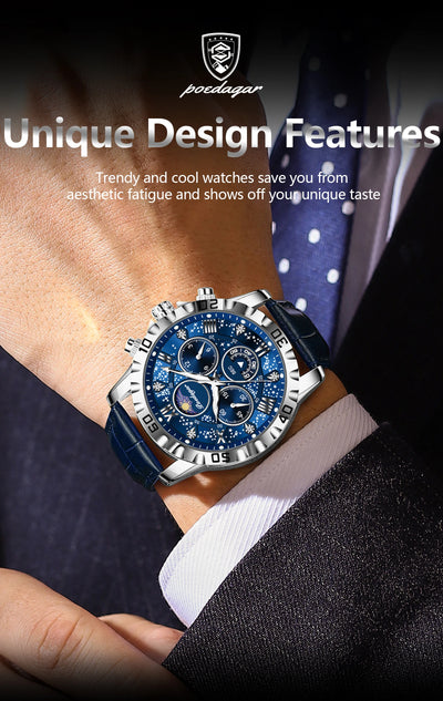 POEDAGAR Luxury Military Stainless Steel Quartz Luminous Waterproof Chronograph