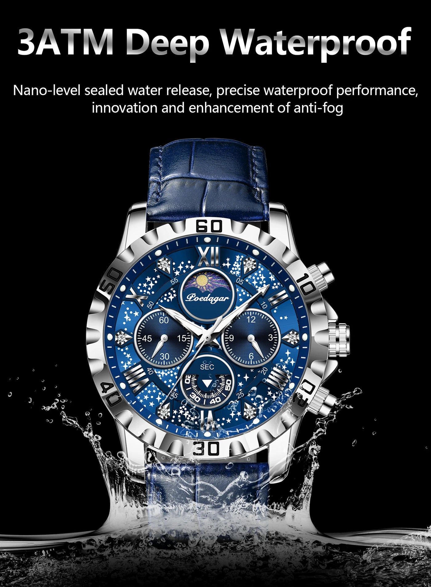POEDAGAR Luxury Military Stainless Steel Quartz Sport Luminous Chronograph