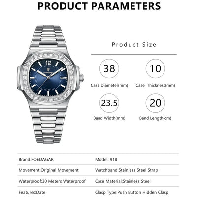 POEDAGAR Luxury Square Men's Stainless Steel Quartz Watch