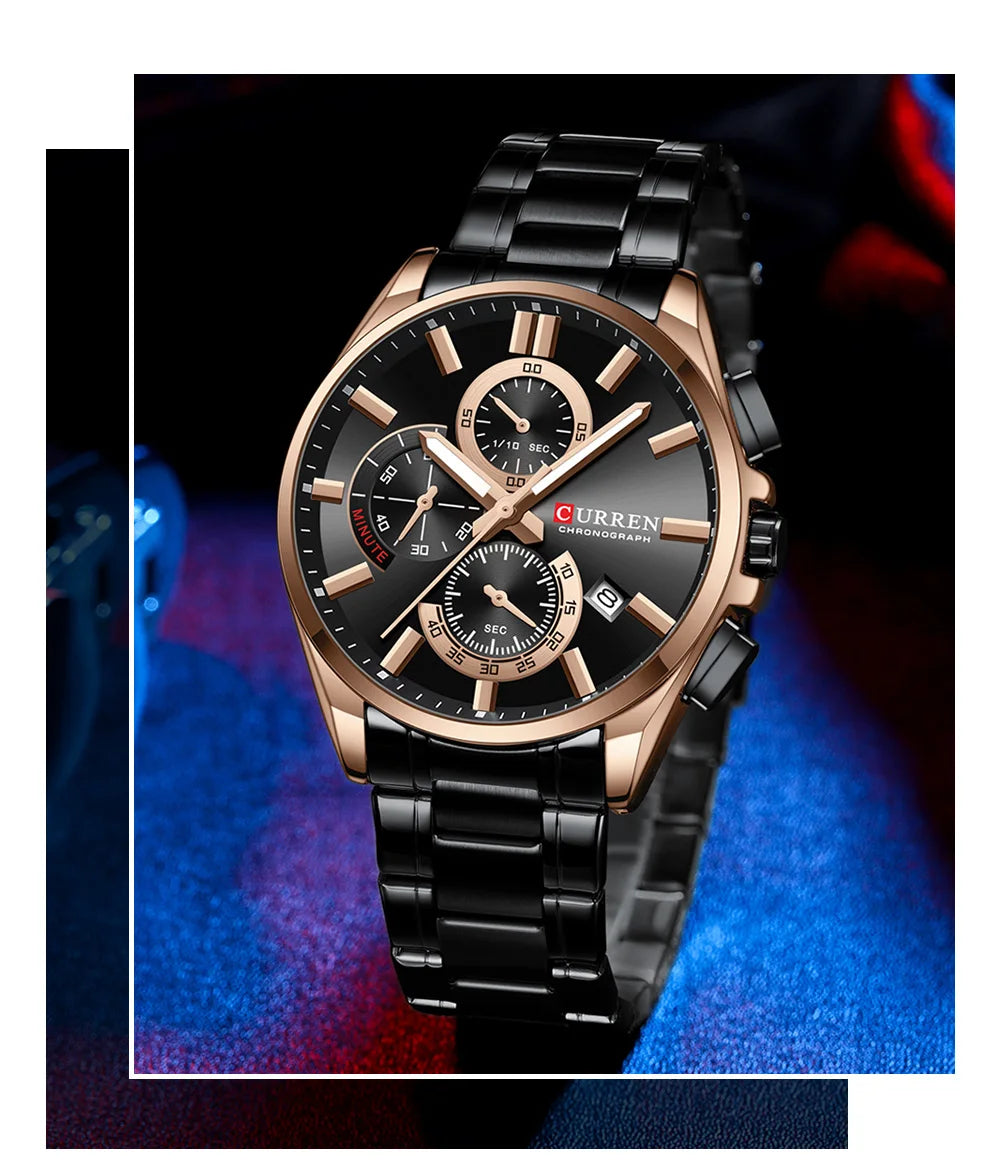 CURREN Men's Watches Top Brand Luxury Watch for Men Original Waterproof Stainless Steel Chronograph Moon Phase Date Rota Dial