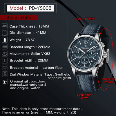 PAGANI DESIGN Quartz Watches for Men, VK63, Sports, Luxury, Sapphire Glass, Chronograph, Stainless Steel, PDYS008
