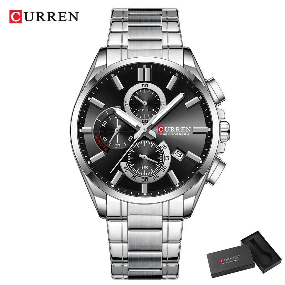 CURREN Men's Watches Top Brand Luxury Watch for Men Original Waterproof Stainless Steel Chronograph Moon Phase Date Rota Dial