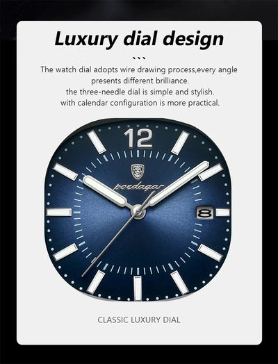 POEDAGAR Luxury Square Men's Stainless Steel Quartz Watch