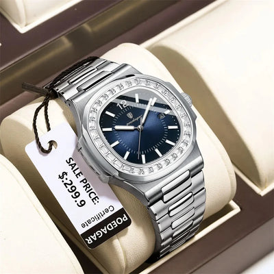 POEDAGAR Luxury Square Men's Stainless Steel Quartz Watch