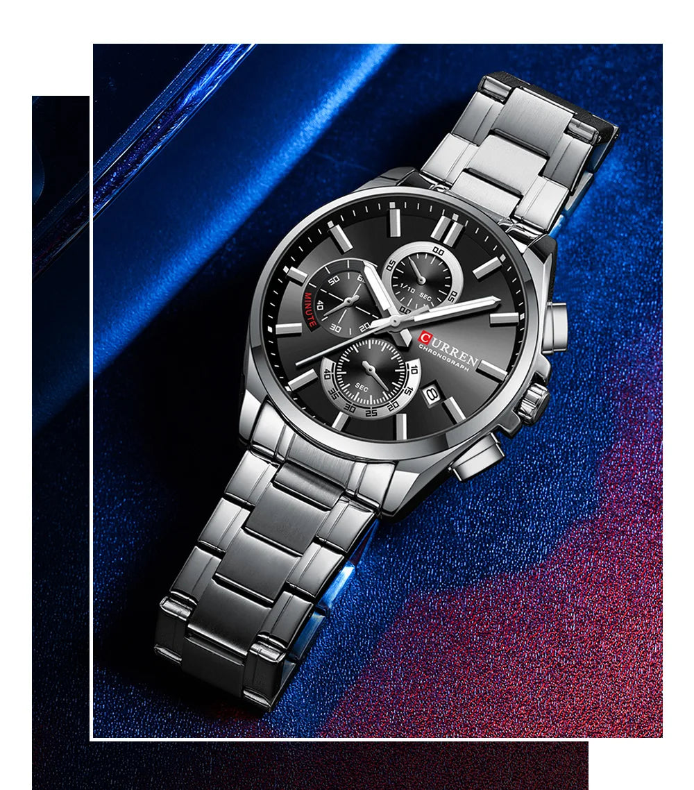 CURREN Men's Watches Top Brand Luxury Watch for Men Original Waterproof Stainless Steel Chronograph Moon Phase Date Rota Dial