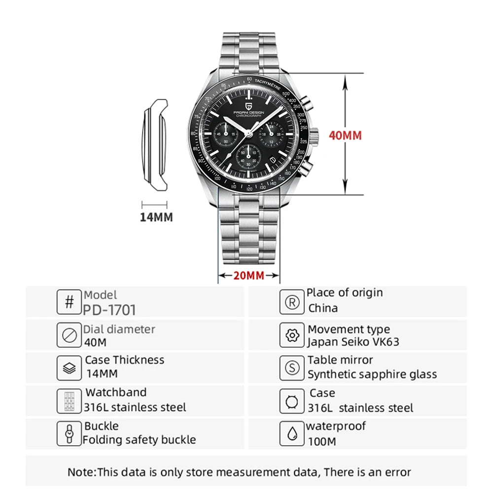 PAGANI DESIGN 2025 New Moon Men's Watches Luxury Quartz Watch Man Chronograph VK63 Men Gifts AR Sapphire Mirror Luminous Clock