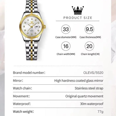 OLEVS 5526 Women's Luxury Diamond Quartz Watch with Automatic Date