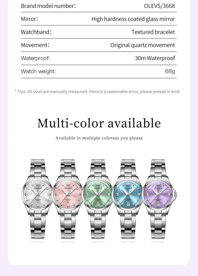 OLEVS 3668 Women Watch Fashion Elegant Roman Scale Waterproof Automatic Date Quartz Watch Luxury Brand Women Watch Reloj Mujer