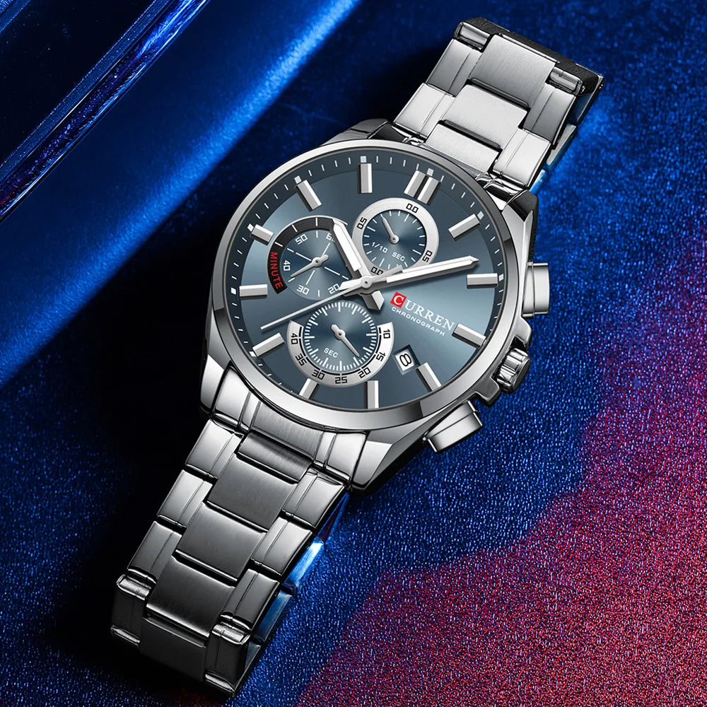 CURREN Men's Watches Top Brand Luxury Watch for Men Original Waterproof Stainless Steel Chronograph Moon Phase Date Rota Dial