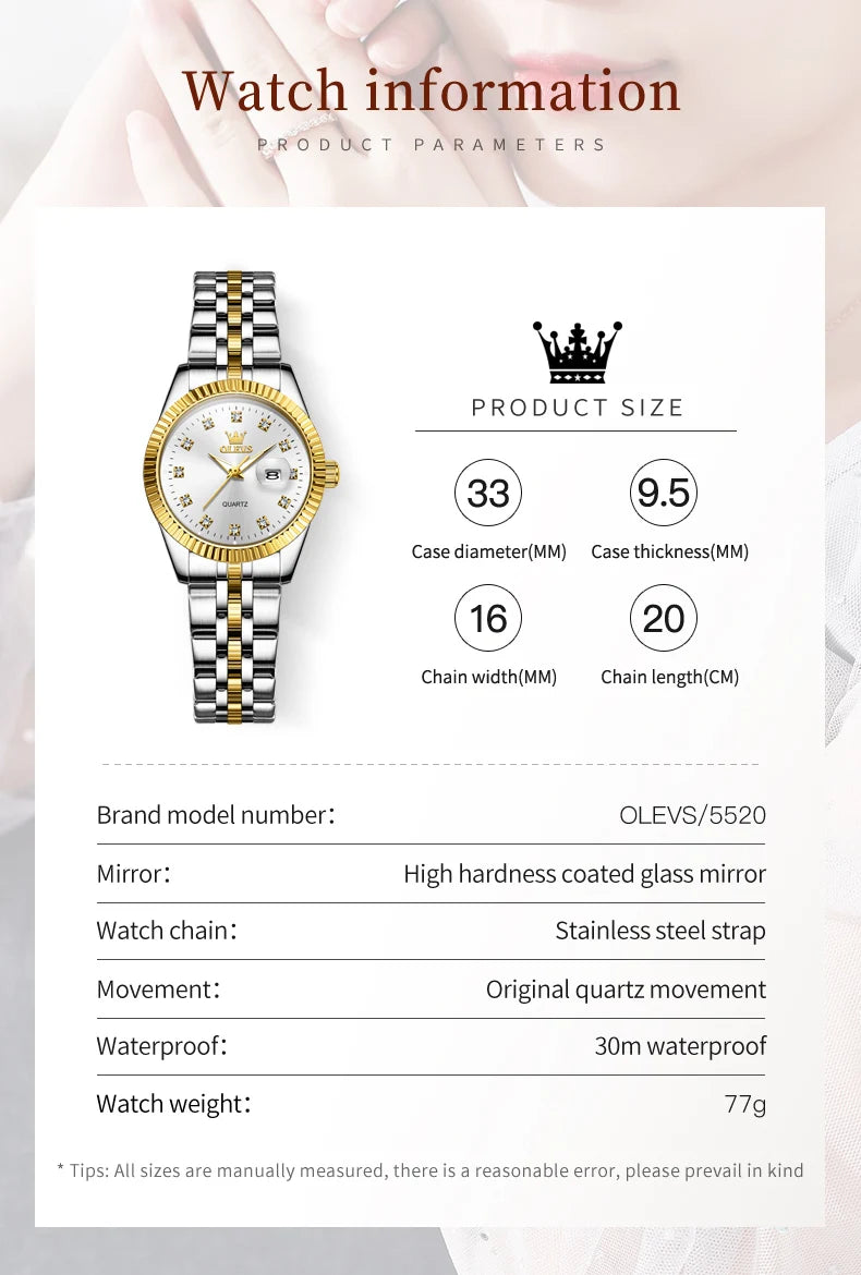OLEVS 5526 Women's Luxury Diamond Quartz Watch with Automatic Date