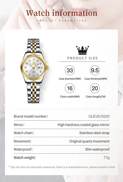 OLEVS 5526 Women's Luxury Diamond Quartz Watch with Automatic Date